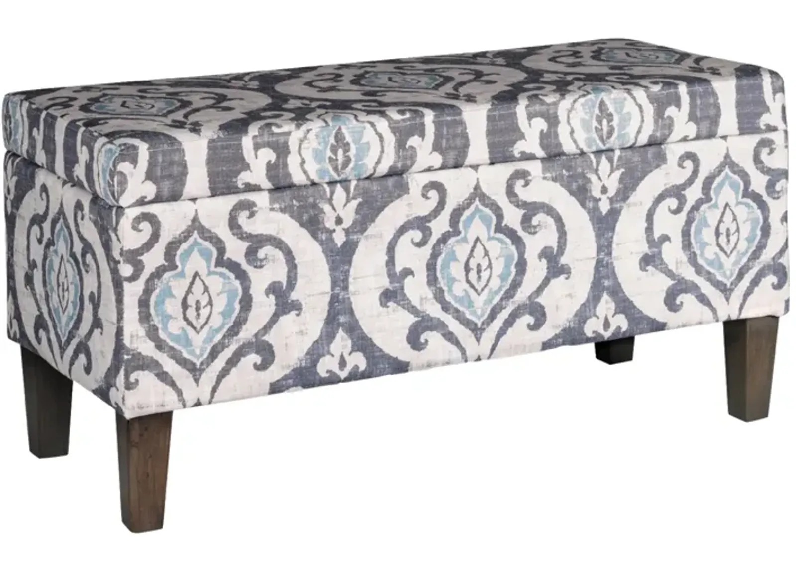 Damask Patterned Fabric Upholstered Wooden Bench With Hinged Storage, Large, Multicolor - Benzara