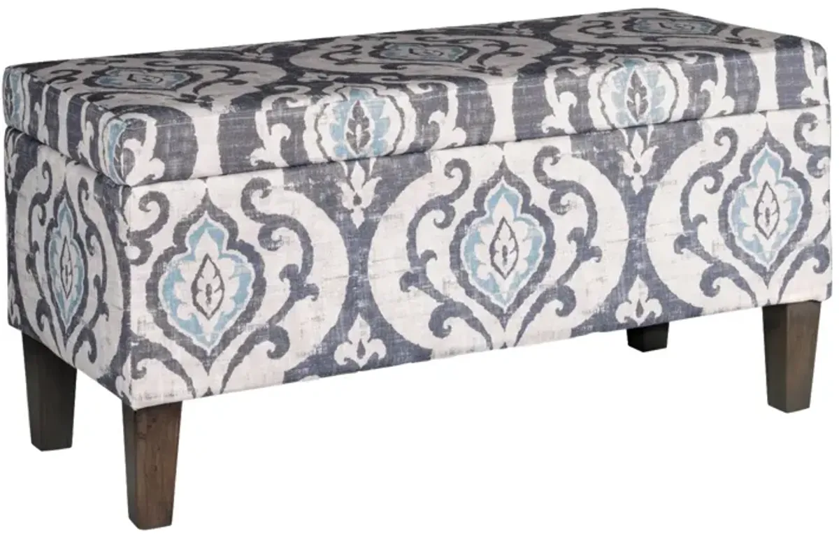 Damask Patterned Fabric Upholstered Wooden Bench With Hinged Storage, Large, Multicolor - Benzara