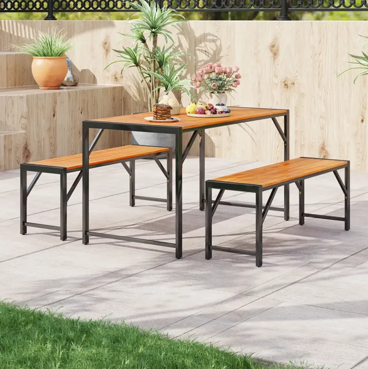 3-Piece Patio Dining Set with Table & 2 Benches for Outdoor Dining