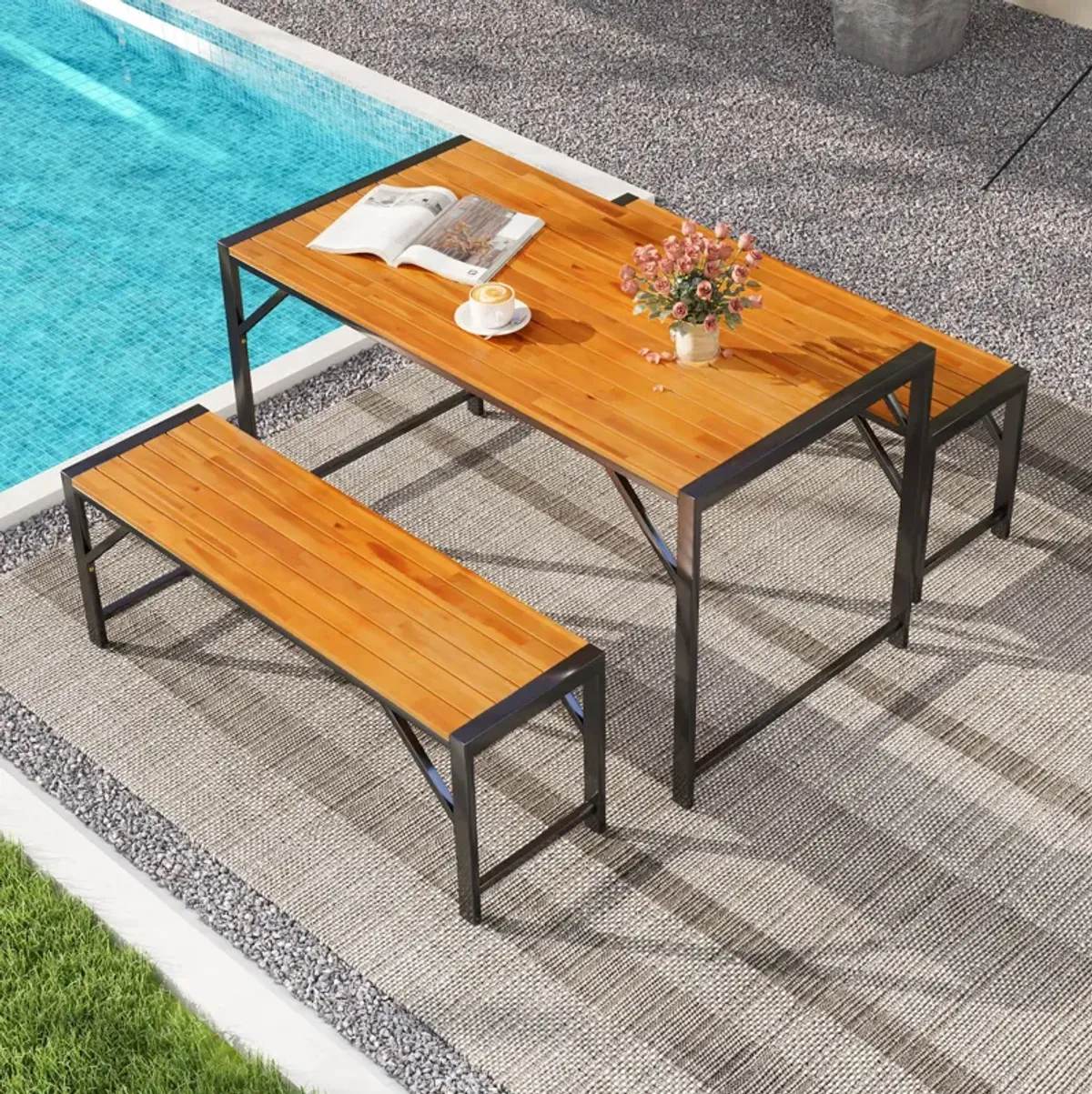 3-Piece Patio Dining Set with Table & 2 Benches for Outdoor Dining
