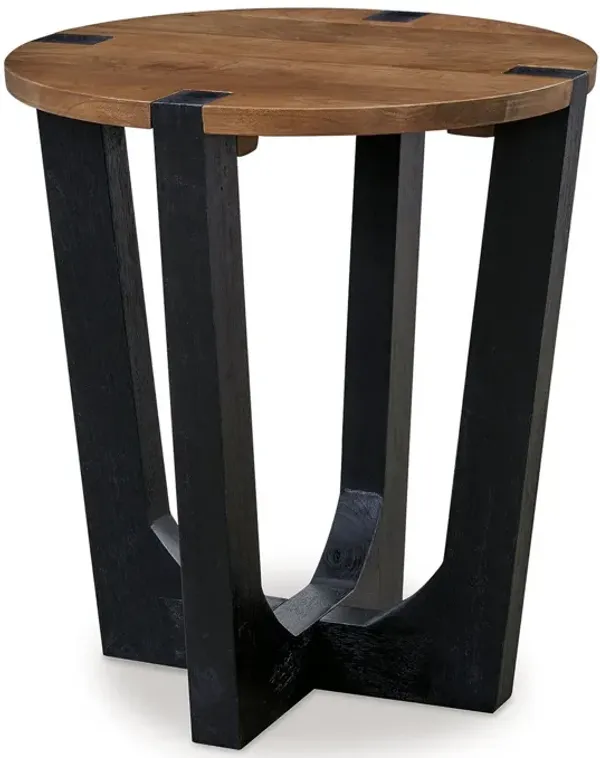 Leyi Round Side End Table, Black Angled Legs, 22 Inch Brown Mango Wood - Benzara