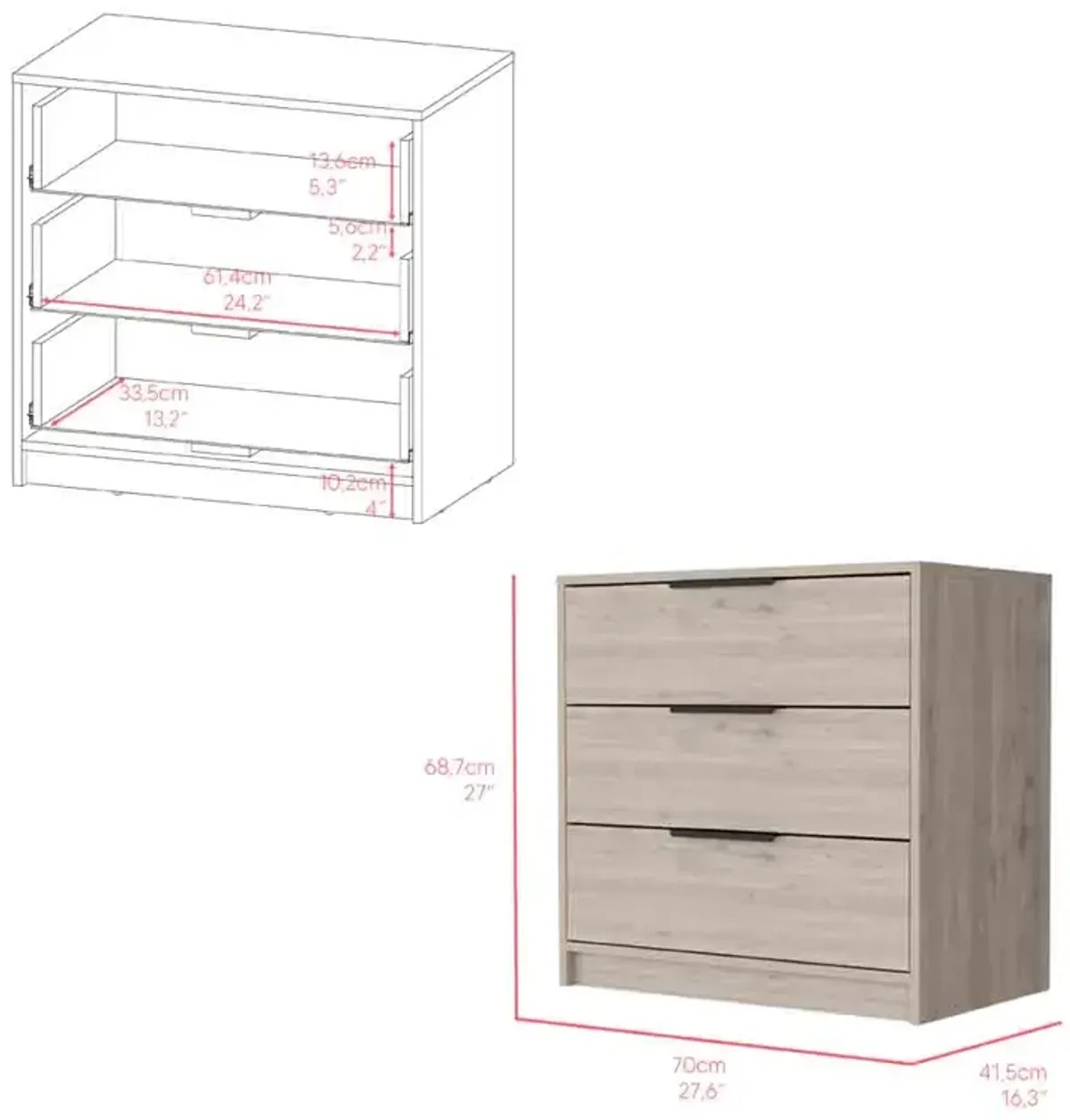 3 Drawers Dresser Maryland, Bedroom, Light Gray