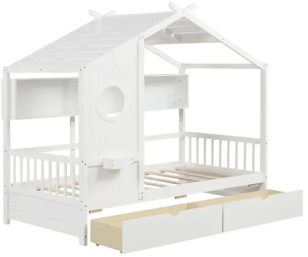 Hivvago Twin Size House Bed with 2 Storage Drawers and Fence Guardrails