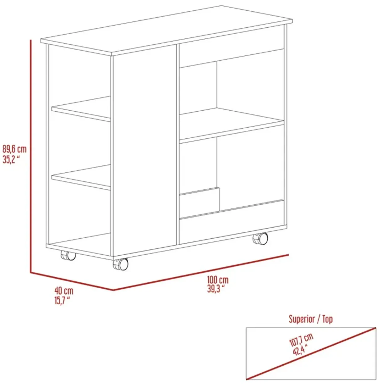 Nigella Kitchen Cart, Two Storage Shelves, Four Casters, Three Side Shelves - White Dark Brown