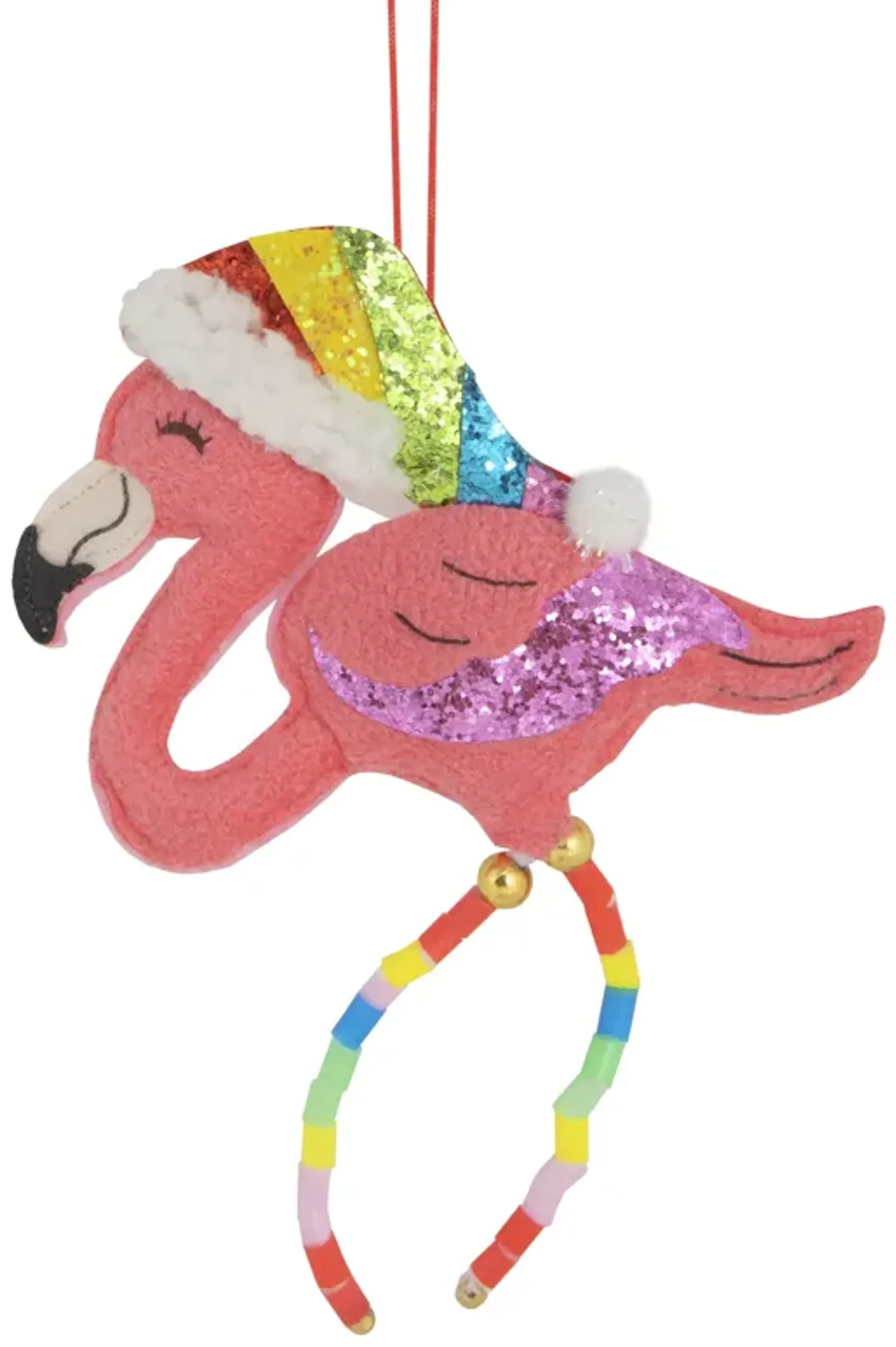 7.5" Pink Plush Flamingo with Rainbow Santa Hat Christmas Ornament