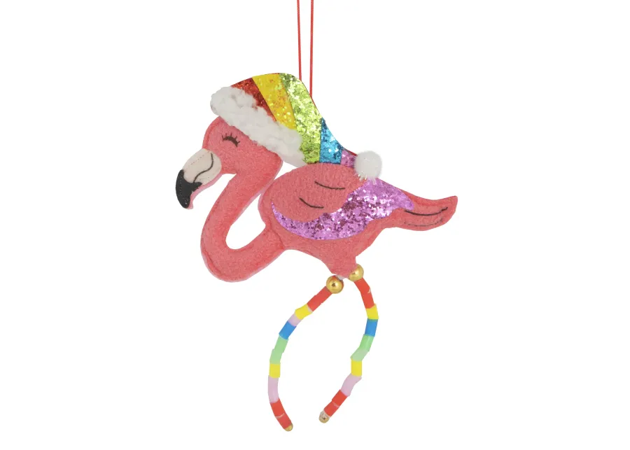 7.5" Pink Plush Flamingo with Rainbow Santa Hat Christmas Ornament