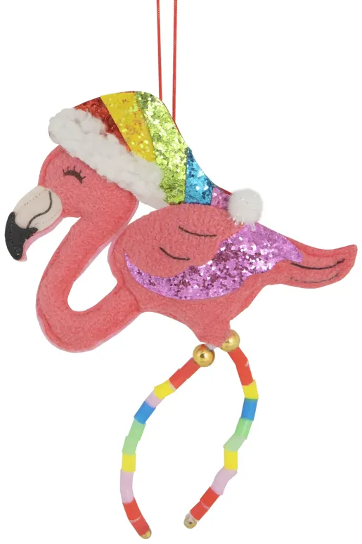 7.5" Pink Plush Flamingo with Rainbow Santa Hat Christmas Ornament