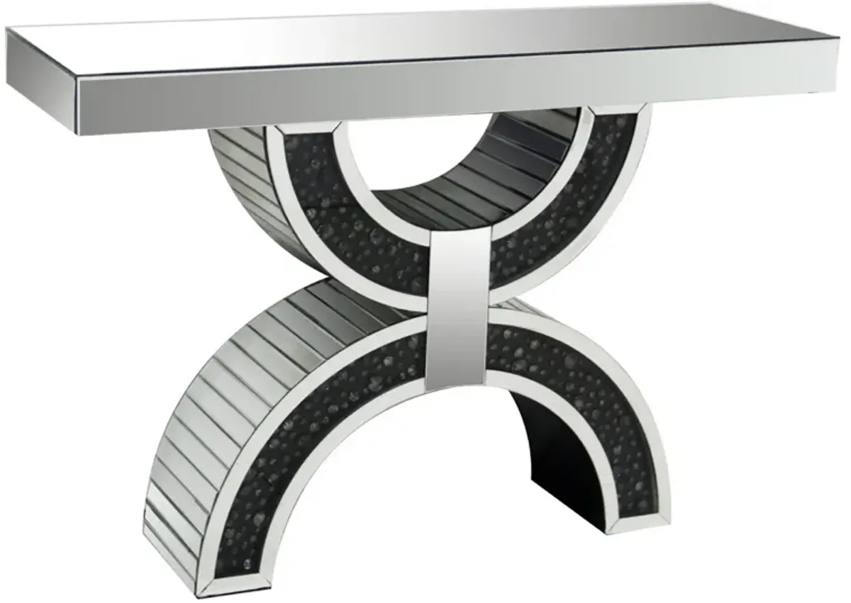 Wood and Mirror  Console Table with Geometric Style Base, Clear and Black-Benzara