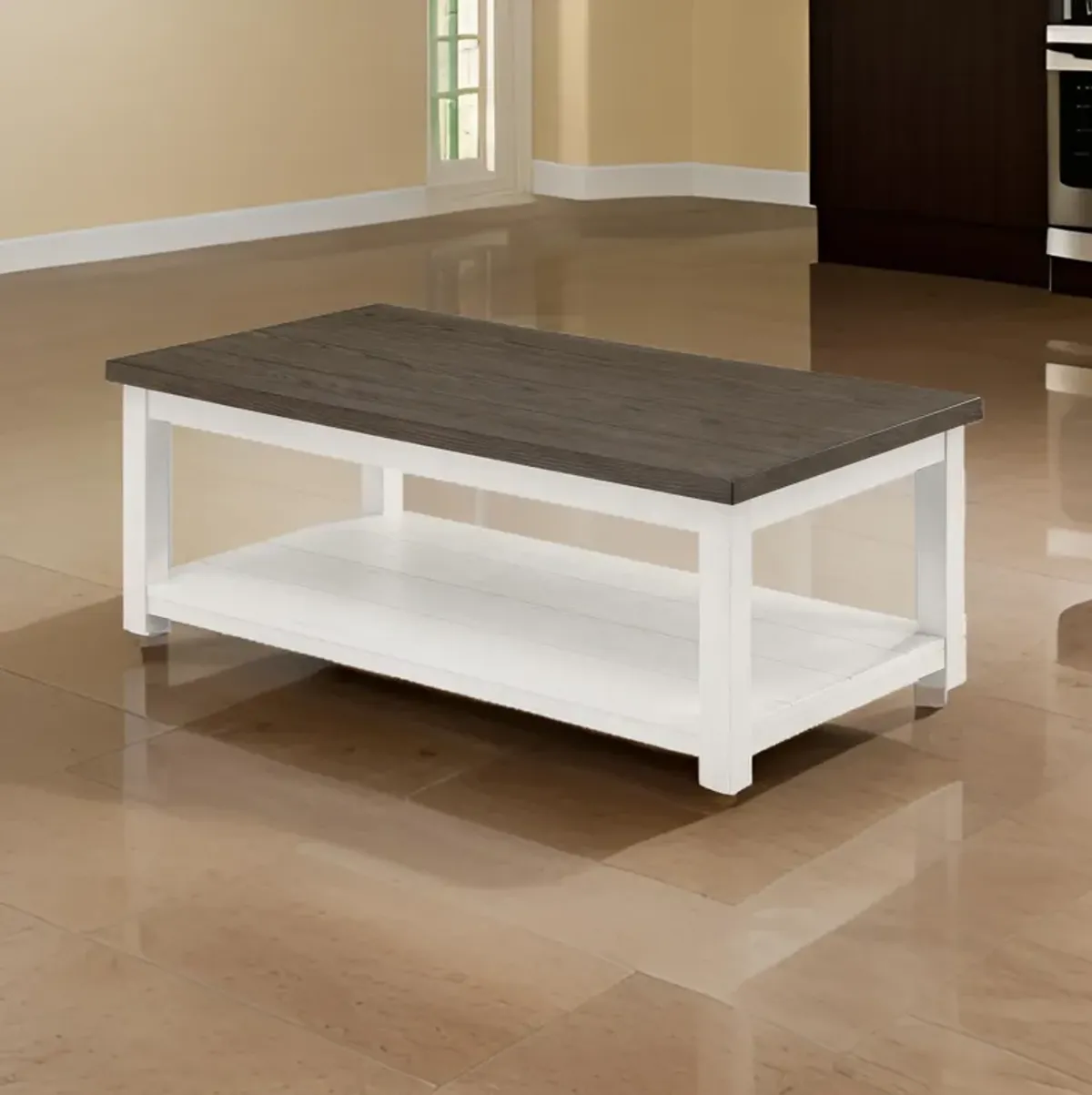 Mon 48 Inch Rectangular Coffee Table, Bottom Shelf, Brown Top, White Frame-Benzara