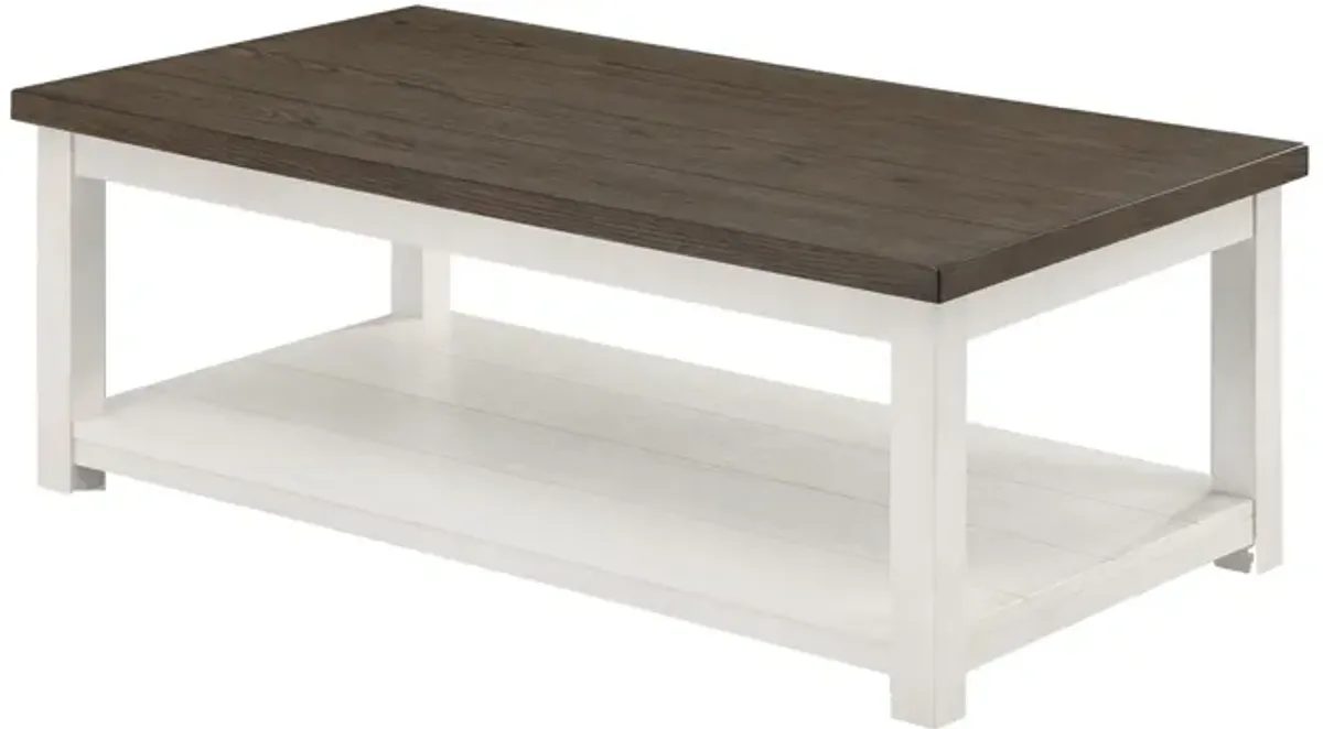 Mon 48 Inch Rectangular Coffee Table, Bottom Shelf, Brown Top, White Frame-Benzara