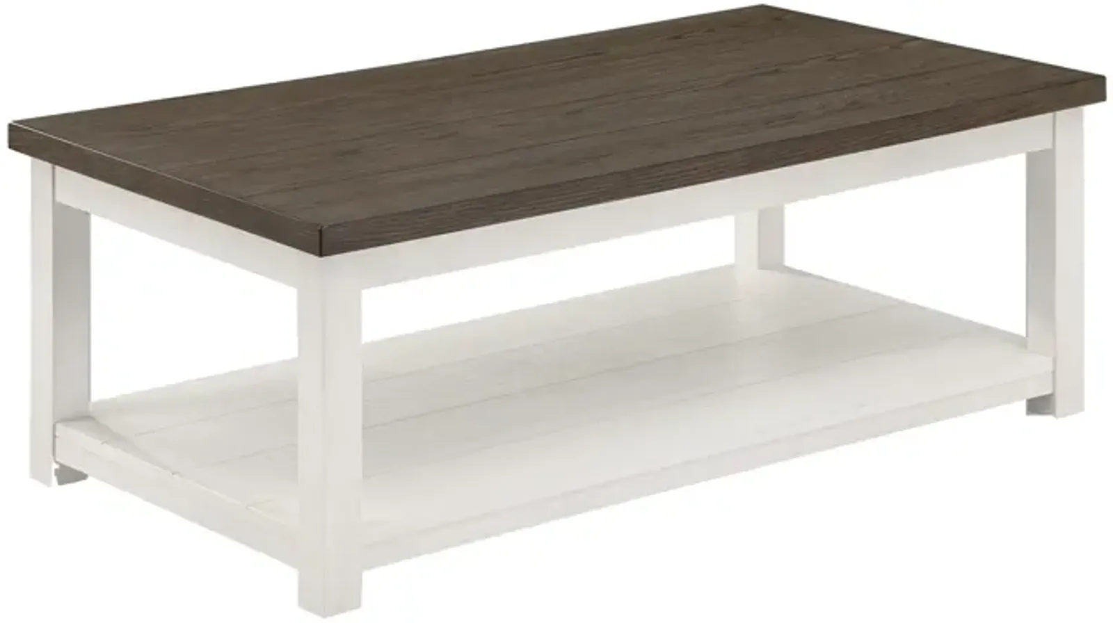 Mon 48 Inch Rectangular Coffee Table, Bottom Shelf, Brown Top, White Frame-Benzara