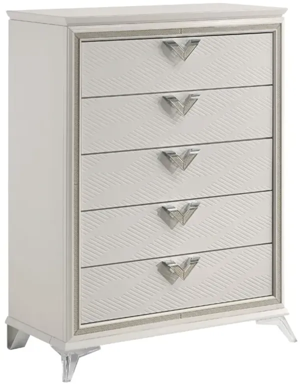 Dery Tall Dresser Chest, 5 Drawer Chrome Triangle Handles, White, Gold - Benzara
