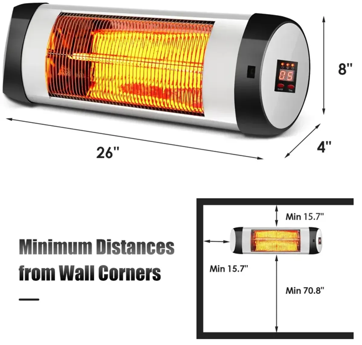 1500W Wall-Mounted Electric Heater Patio Infrared Heater with Remote Control