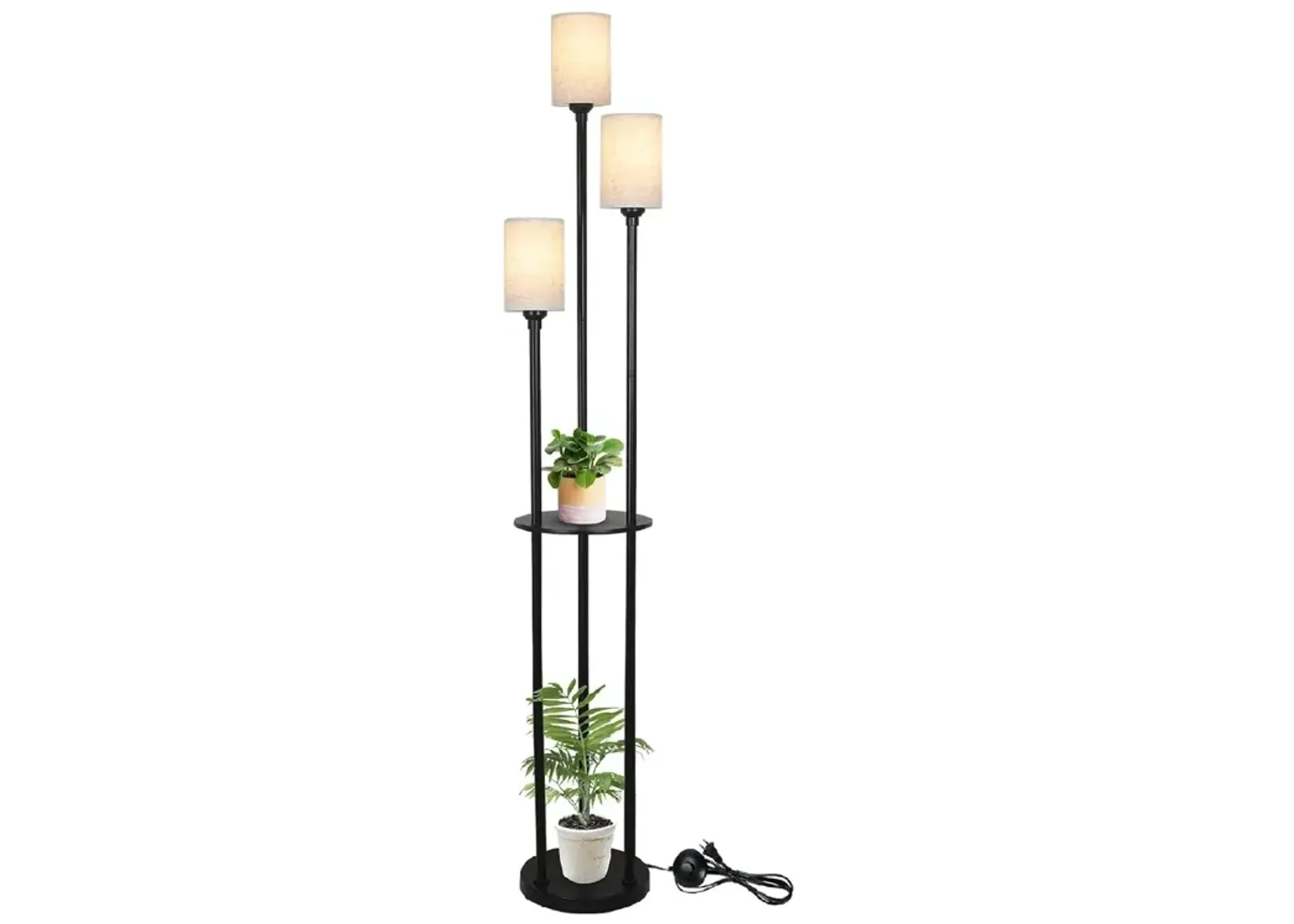 Floor Lamp with Shelves, Modern Floor Lamps for Living Room, 3-Lights Standing Lamp with Linen Shade and Foot Switch, Industrial Standing Lamps for Bedroom, Black Tall Table Lamp for Office