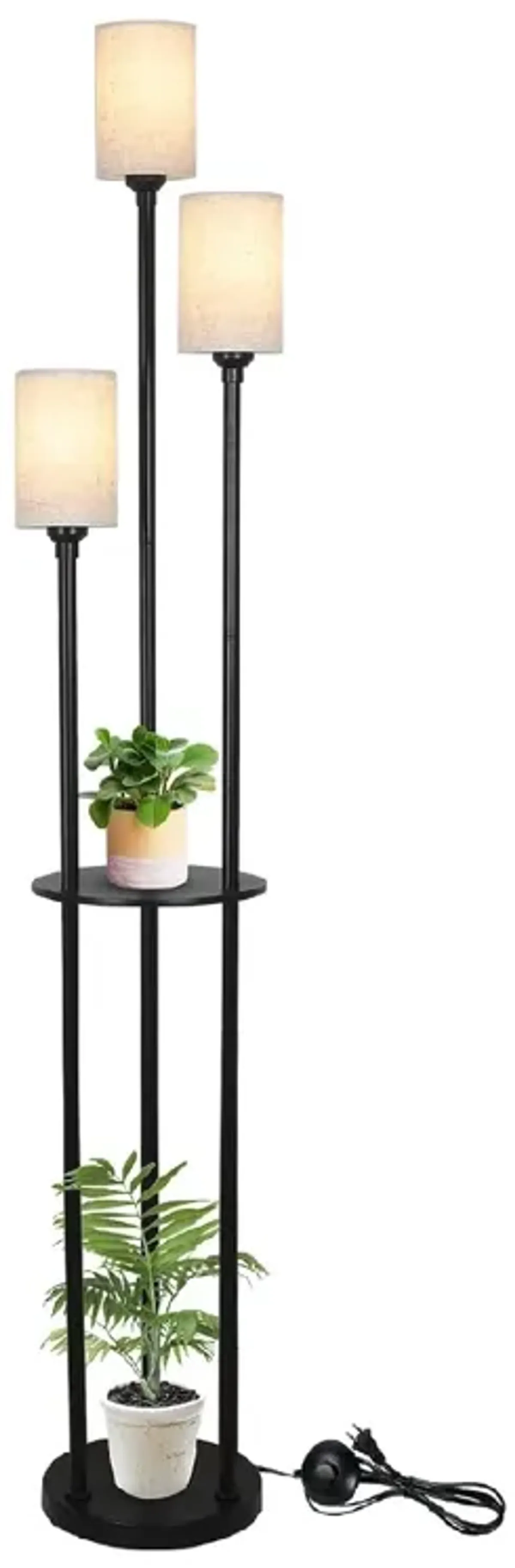 Floor Lamp with Shelves, Modern Floor Lamps for Living Room, 3-Lights Standing Lamp with Linen Shade and Foot Switch, Industrial Standing Lamps for Bedroom, Black Tall Table Lamp for Office