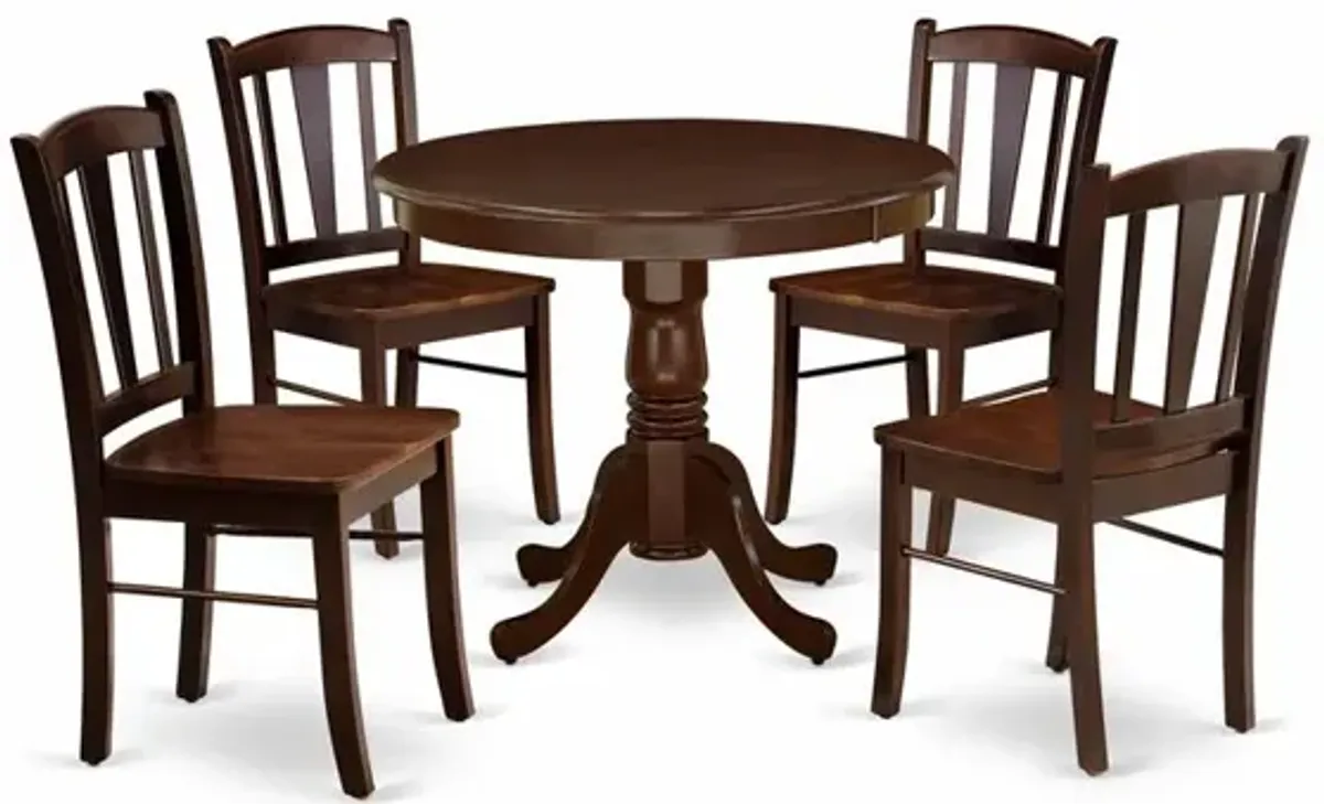 East West Furniture 5-Piece Dining Room Table Set- 4 Wooden Chairs and Kitchen Table - Wooden Seat and Slatted Chair Back - Mahogany Finish
