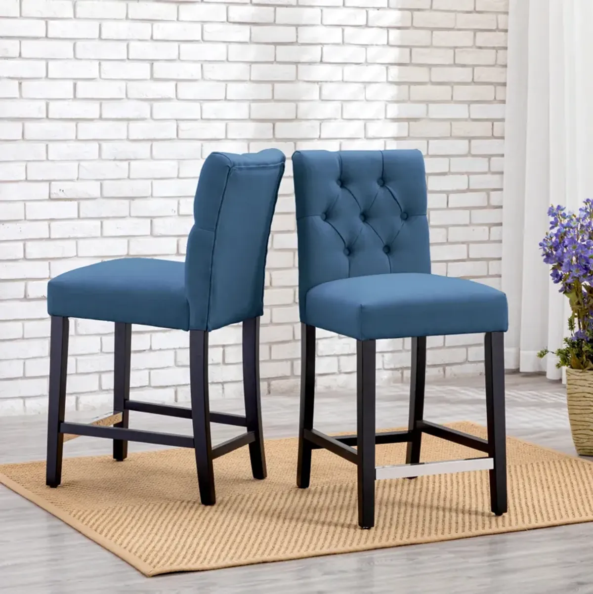 WestinTrends 24" Linen Fabric Tufted Upholstered Counter Stool (Set of 2), Black