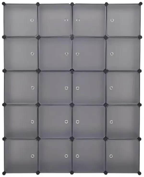 Multi-Functional 20-Cube Plastic Storage Shelves, Modular Closet Organizer with Hanging Rod & Doors