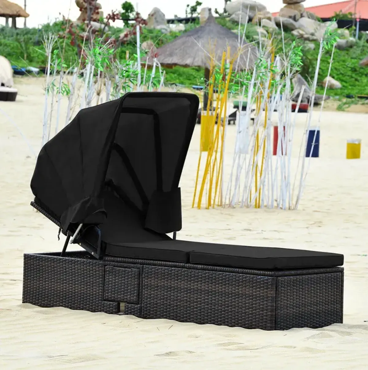 Outdoor Adjustable Cushioned Chaise Lounge Chair with Folding Canopy