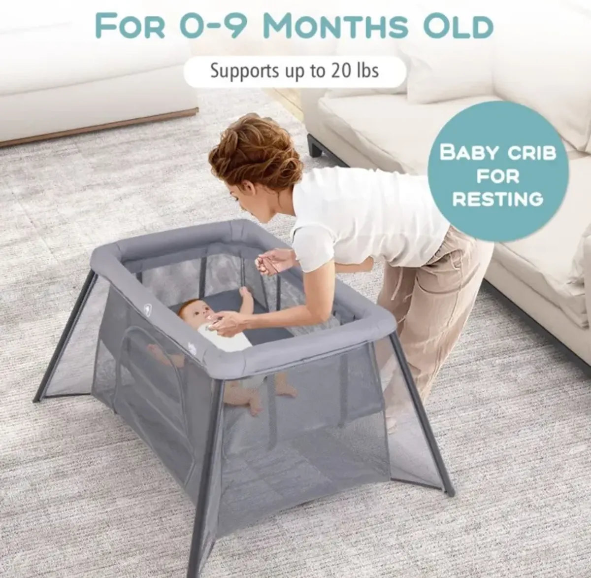 2-in-1 Portable Baby Playpen with Safety Enclosure and Padded Mattress-Dark Gray