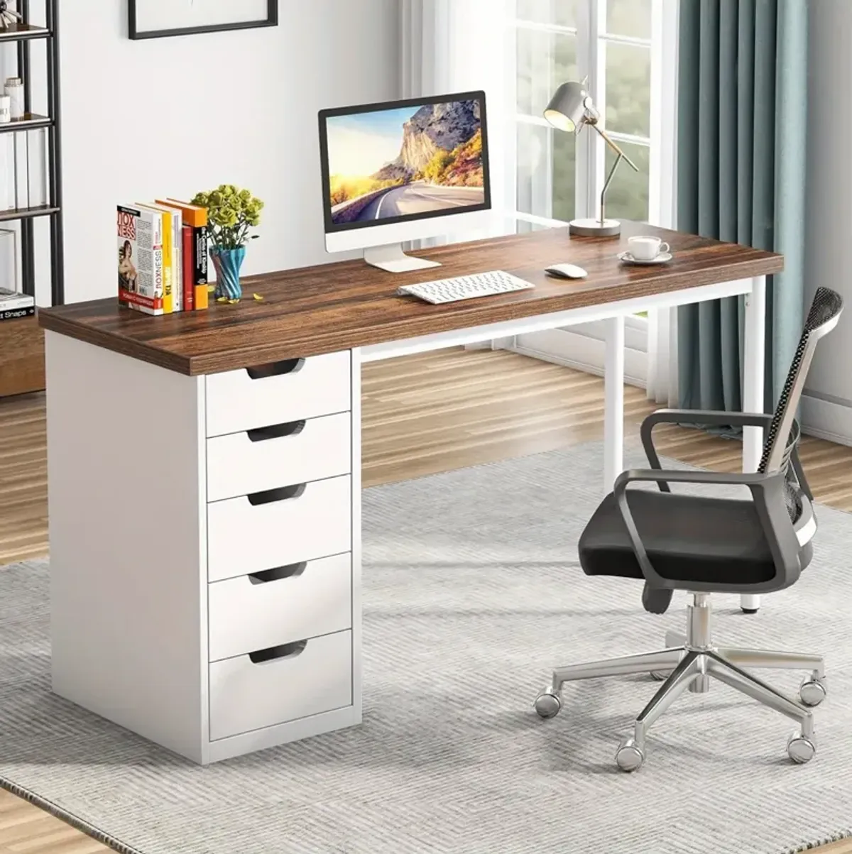 Tribesigns Modern Simple Computer Desk, 47 Inches PC Desk with 5 Reversible Drawers, Rustic Brown Study Writing Table Workstation for Home Office Small Spaces (Brown+White)