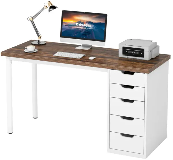 Tribesigns Modern Simple Computer Desk, 47 Inches PC Desk with 5 Reversible Drawers, Rustic Brown Study Writing Table Workstation for Home Office Small Spaces (Brown+White)