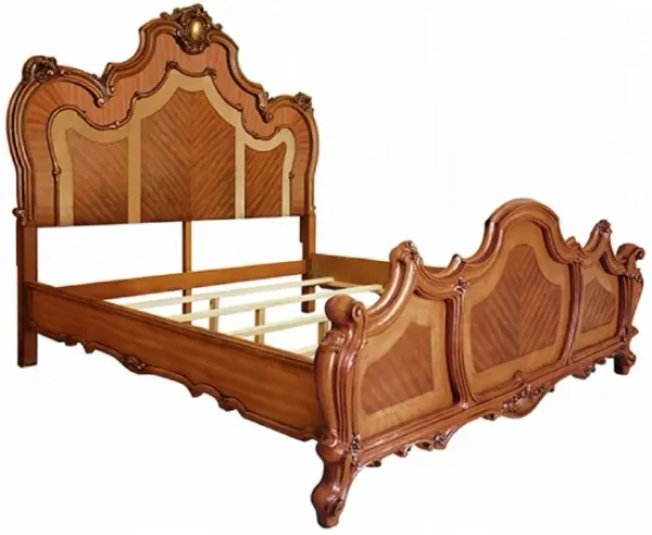 Pico California King Bed, Crown Molded Scrolled Trim, Honey Brown Wood - Benzara