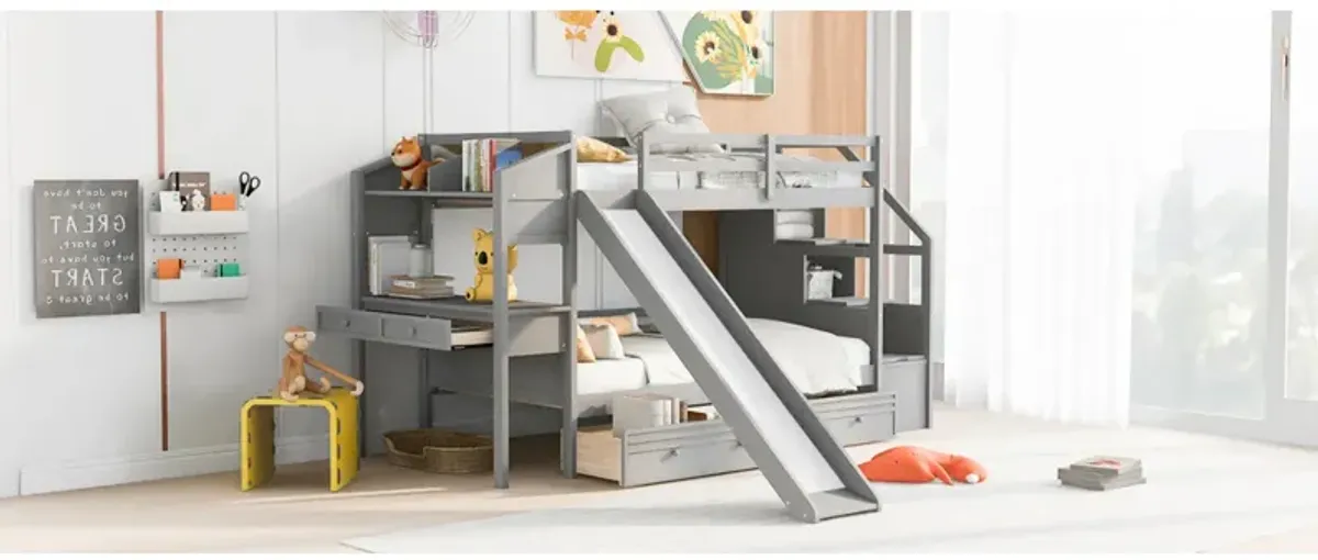 Twin Over Twin Bunk Bed With Storage Staircase, Slide And Drawers, Desk With Drawers And Shelves