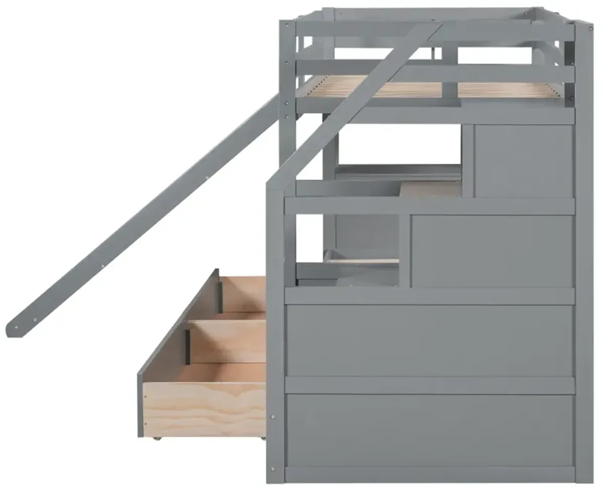 Twin Over Twin Bunk Bed With Storage Staircase, Slide And Drawers, Desk With Drawers And Shelves