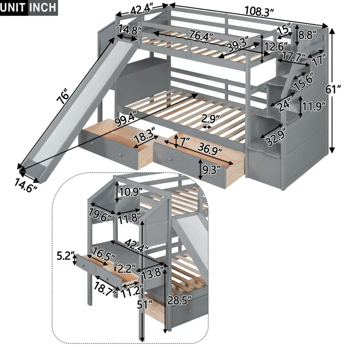 Twin Over Twin Bunk Bed With Storage Staircase, Slide And Drawers, Desk With Drawers And Shelves