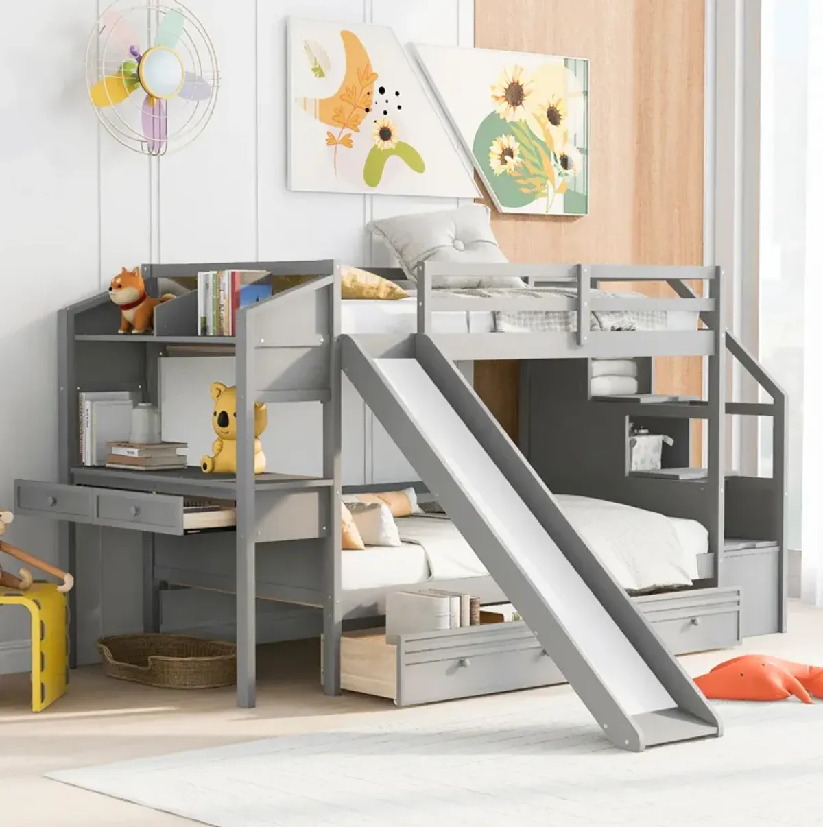 Twin Over Twin Bunk Bed With Storage Staircase, Slide And Drawers, Desk With Drawers And Shelves