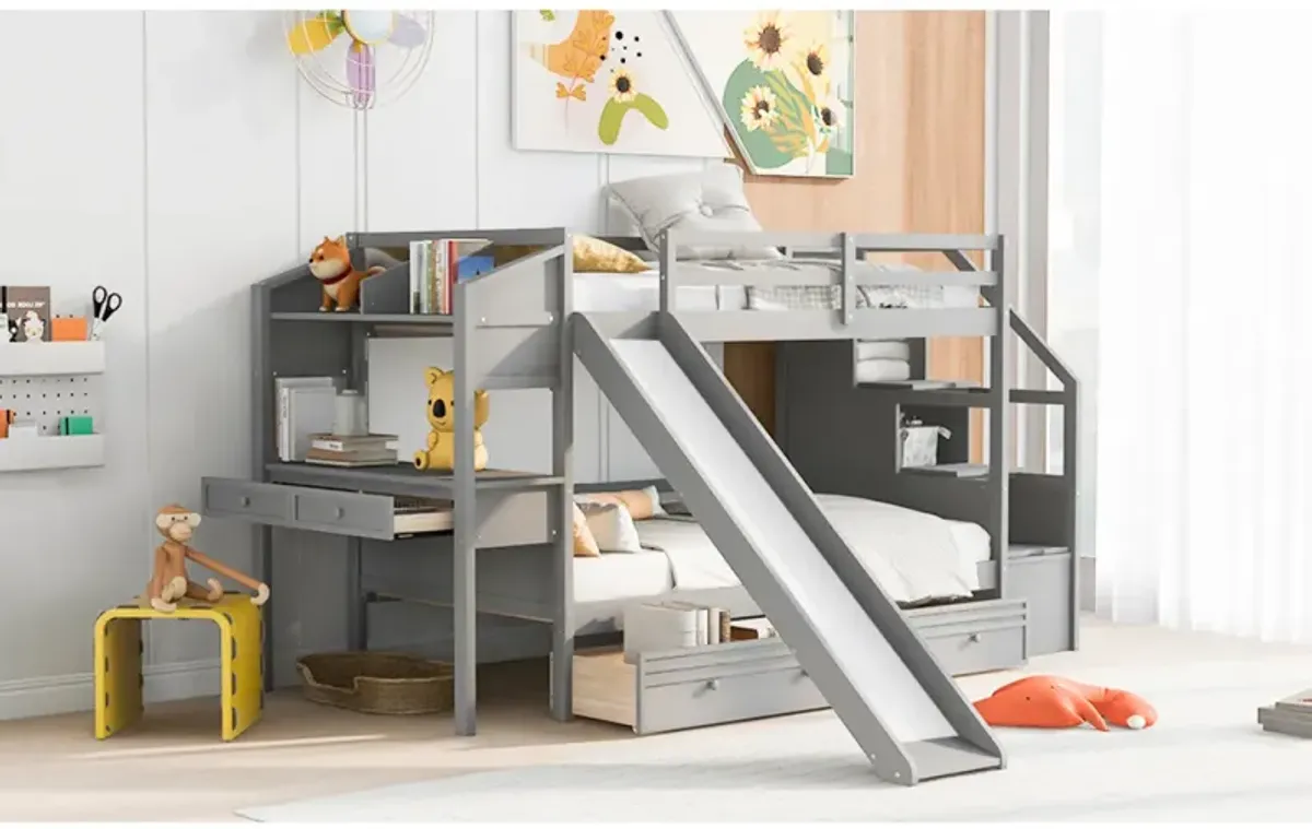 Twin Over Twin Bunk Bed With Storage Staircase, Slide And Drawers, Desk With Drawers And Shelves