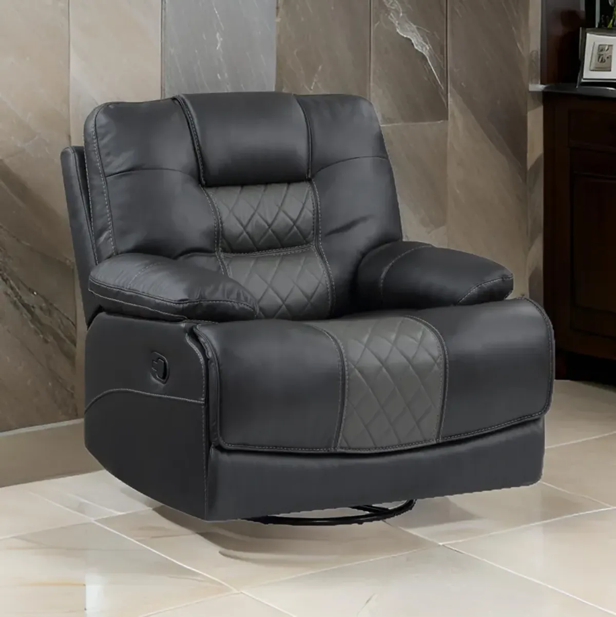 Liam 39 Inch Manual Swivel Glider Recliner Chair, Gray Faux Leather, Wood - Benzara