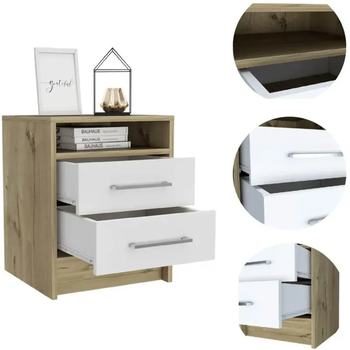 DEPOT E-SHOP Leyva Nightstand, Two Drawers, Countertop White/Light Oak, For Bedroom