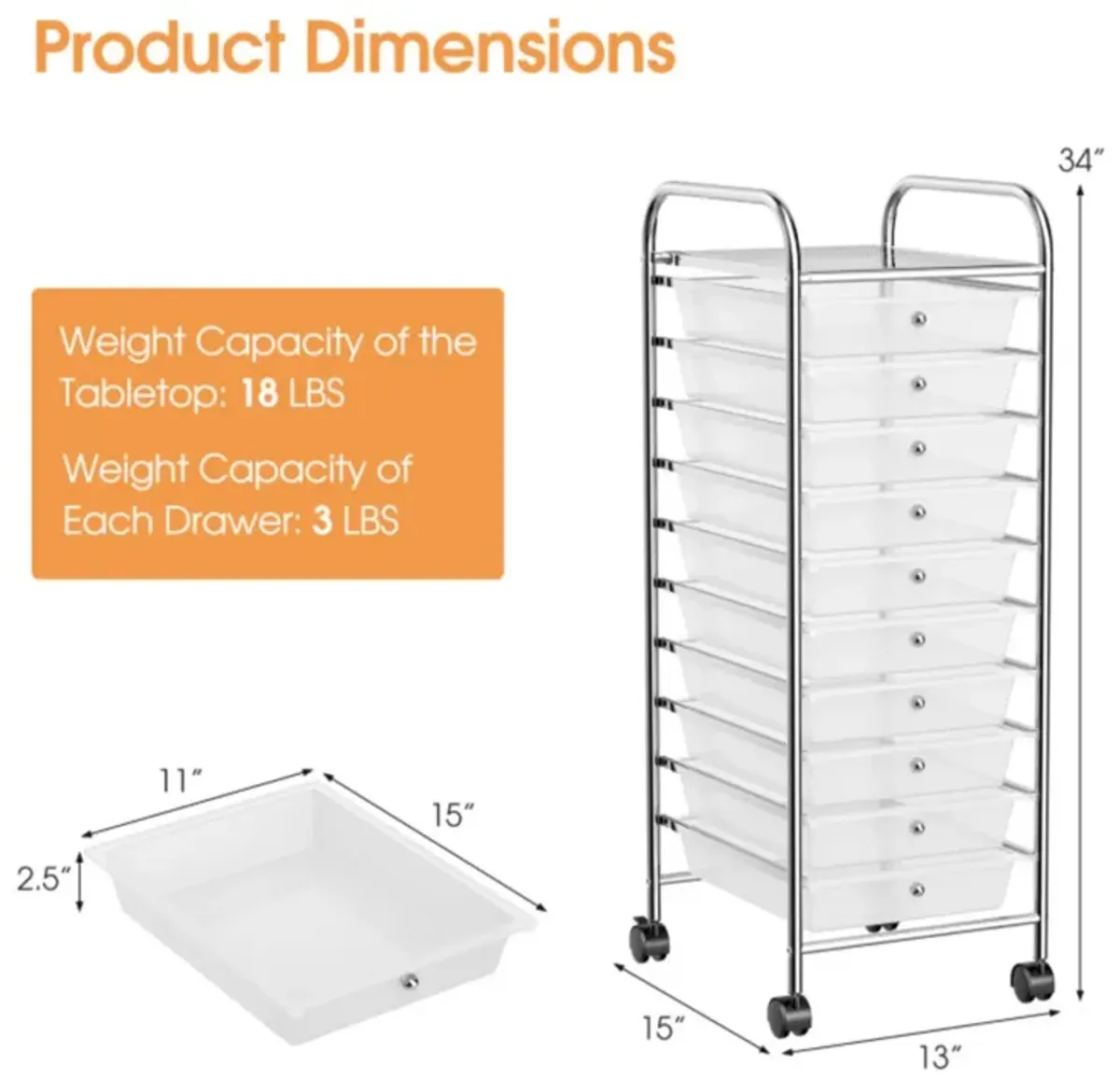 Hivvago 10 Drawer Rolling Storage Cart Organizer with 4 Universal Casters