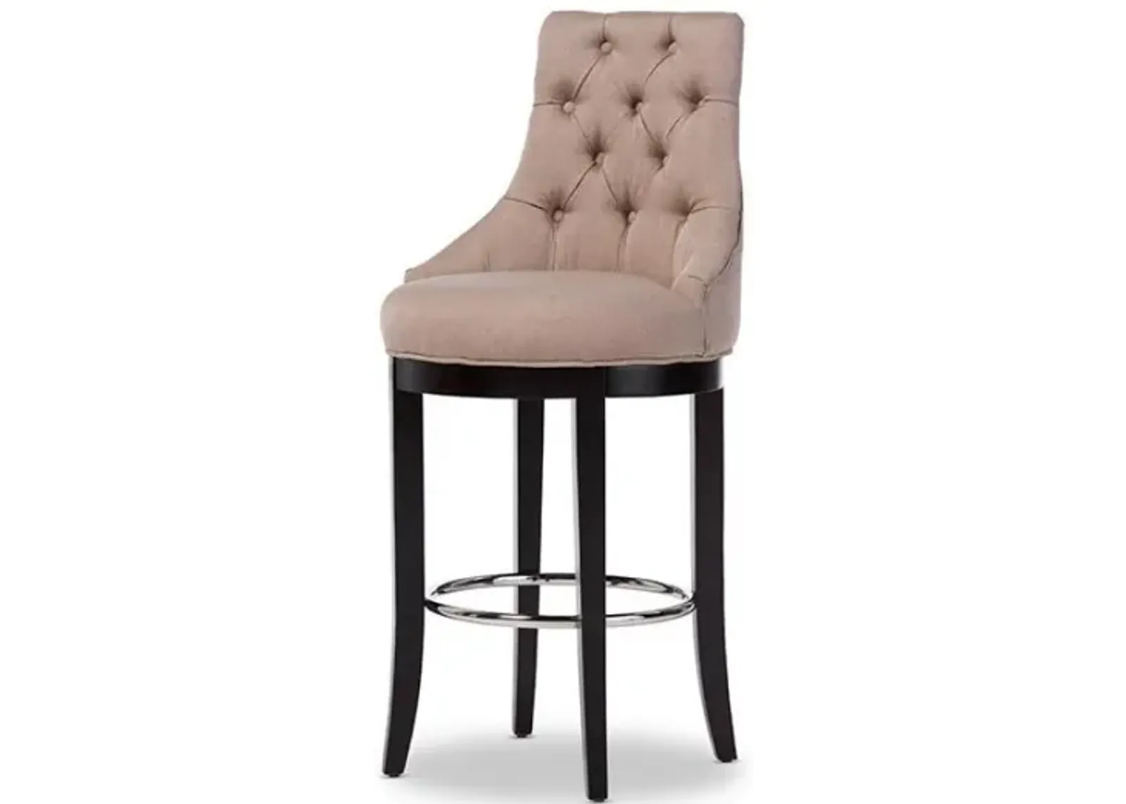 Button-tufted Beige Fabric Upholstered Bar Stool with Metal Footrest