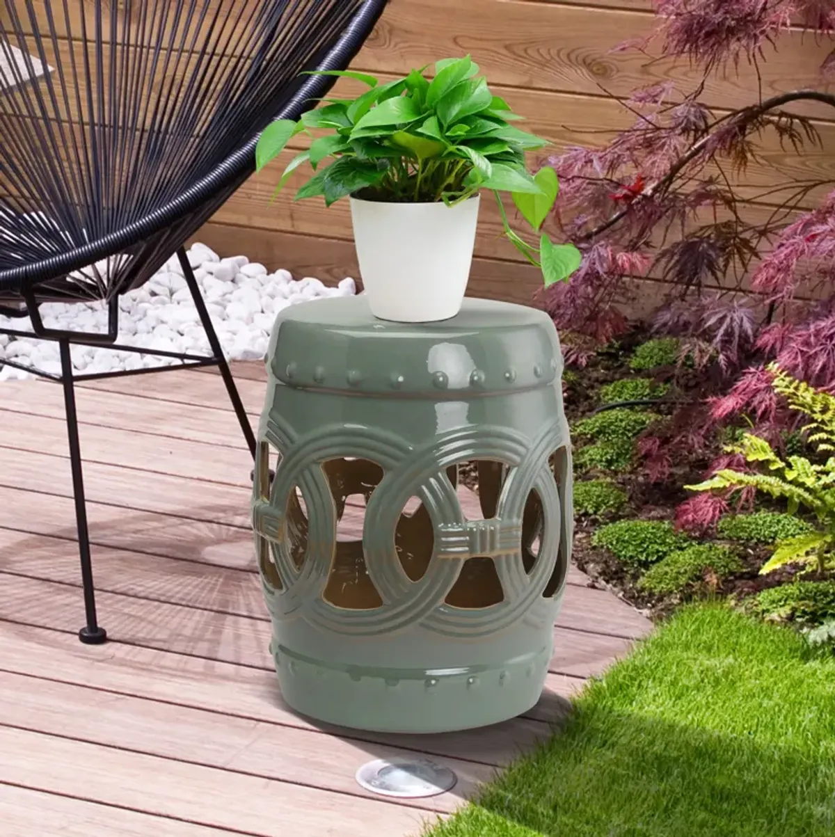 Outsunny 14" x 17" Ceramic Garden Stool with Double-Coin Knotted Ring Design & Strong Glazed Material, Decorative End Table, Home Collection, Green