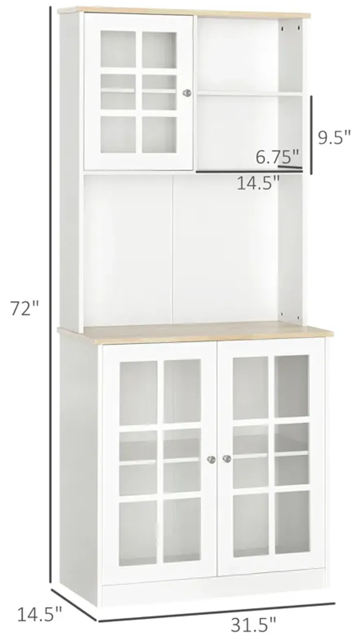 White Kitchen Tower: 72" Freestanding Pantry with Glass Doors & Shelves