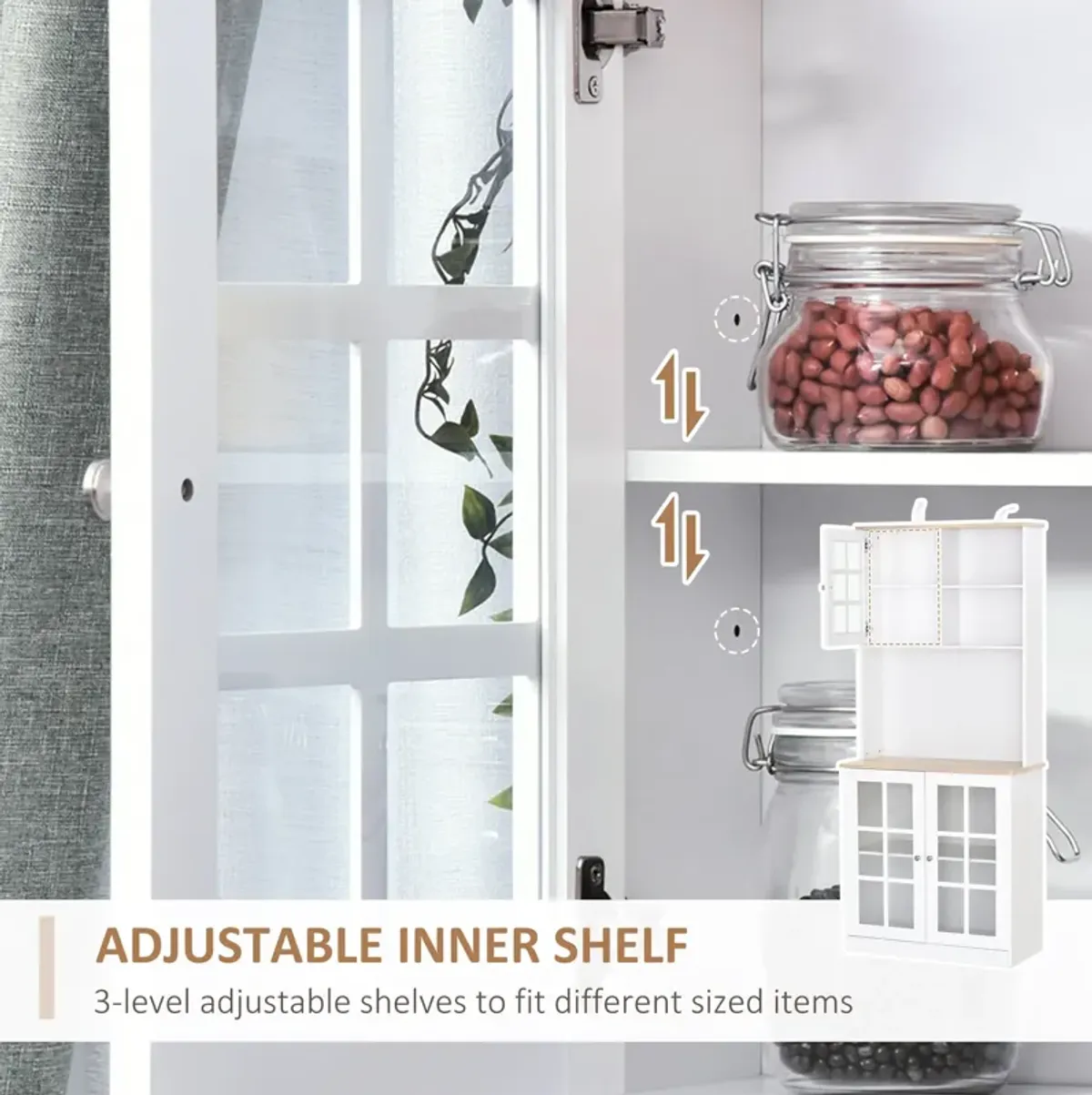 White Kitchen Tower: 72" Freestanding Pantry with Glass Doors & Shelves