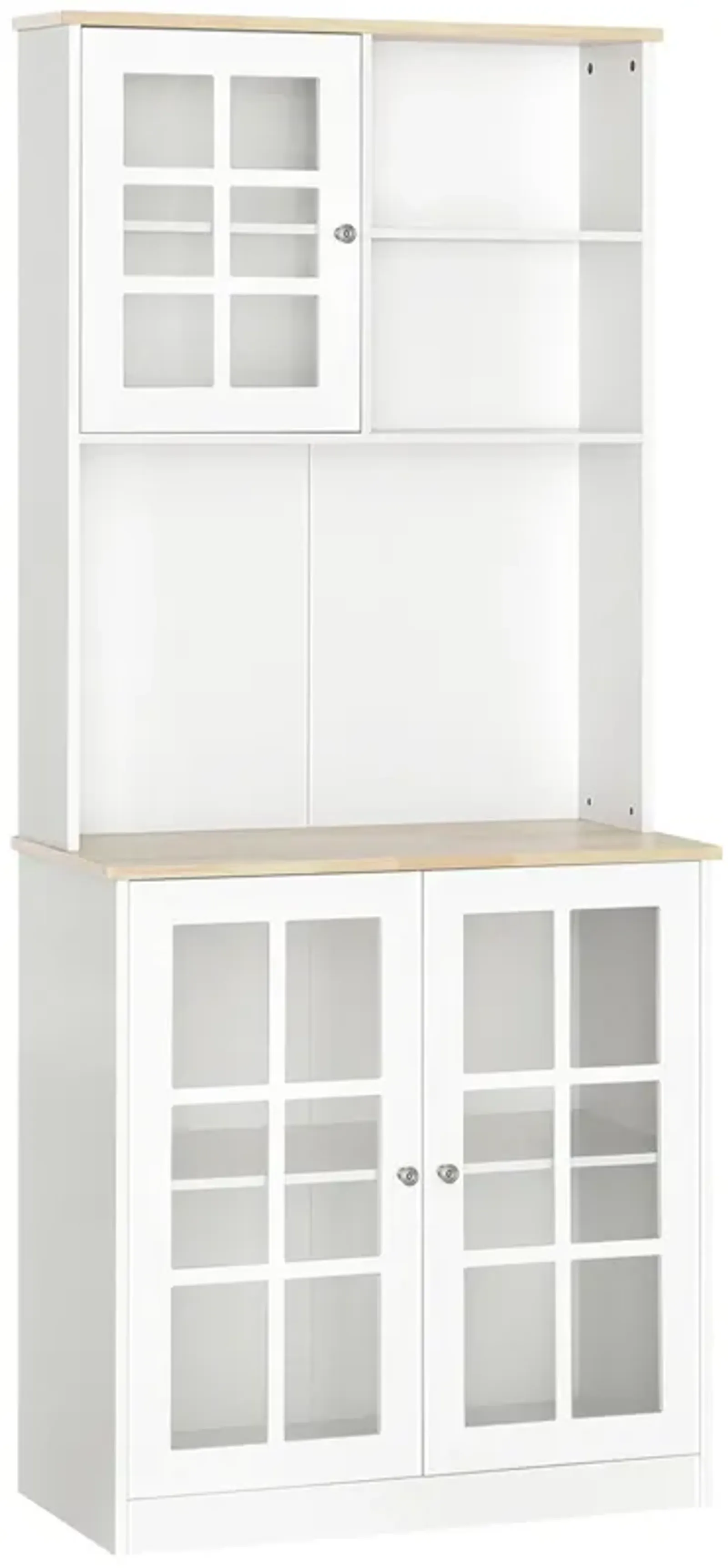 White Kitchen Tower: 72" Freestanding Pantry with Glass Doors & Shelves