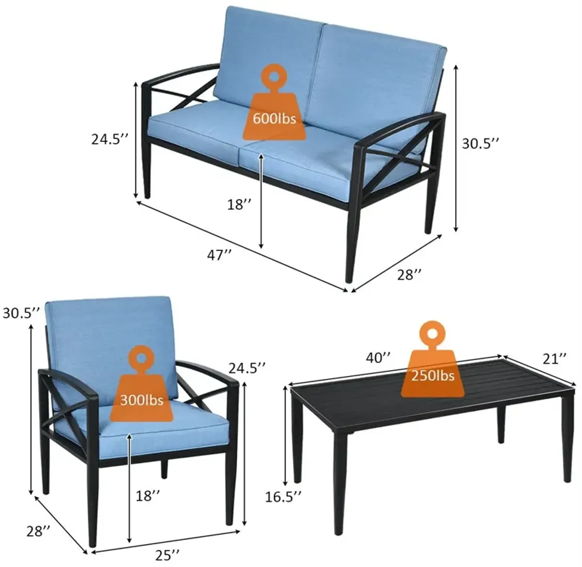 4 Pieces Patio Furniture Set Aluminum Frame Cushioned Sofa