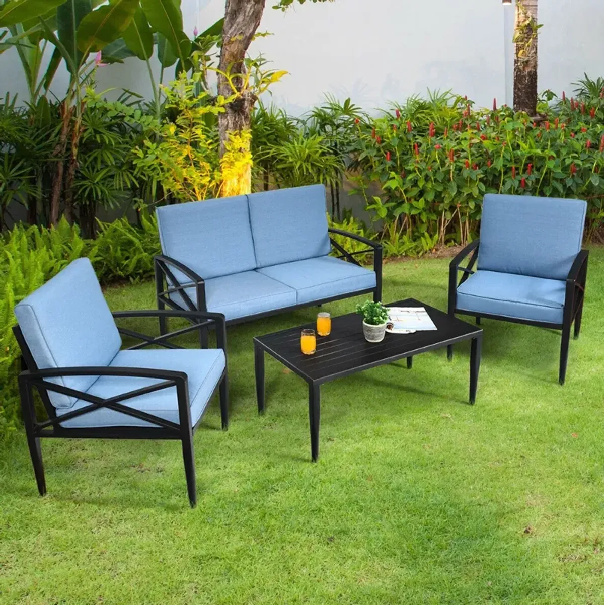 4 Pieces Patio Furniture Set Aluminum Frame Cushioned Sofa