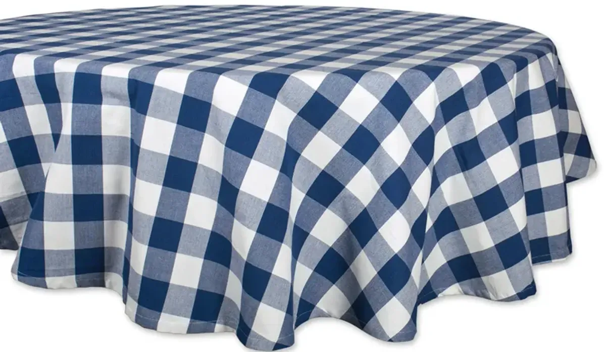 70" Navy Blue And White Buffalo Checkered Round Tablecloth