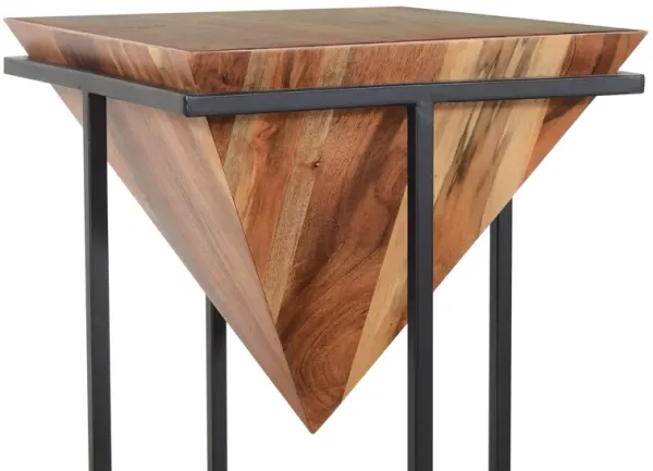 30 Inch Pyramid Shape Wooden Side Table With Cross Metal Base, Brown and Black
