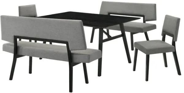 Yumi 5 Piece Dining Table Set, Chairs, Bench, Charcoal Fabric, Black - Benzara