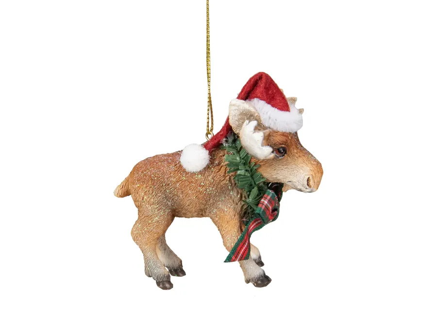 3.5-Inch Moose Wearing Santa Hat and Plaid Bow Christmas Ornament