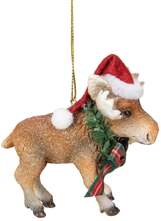 3.5-Inch Moose Wearing Santa Hat and Plaid Bow Christmas Ornament