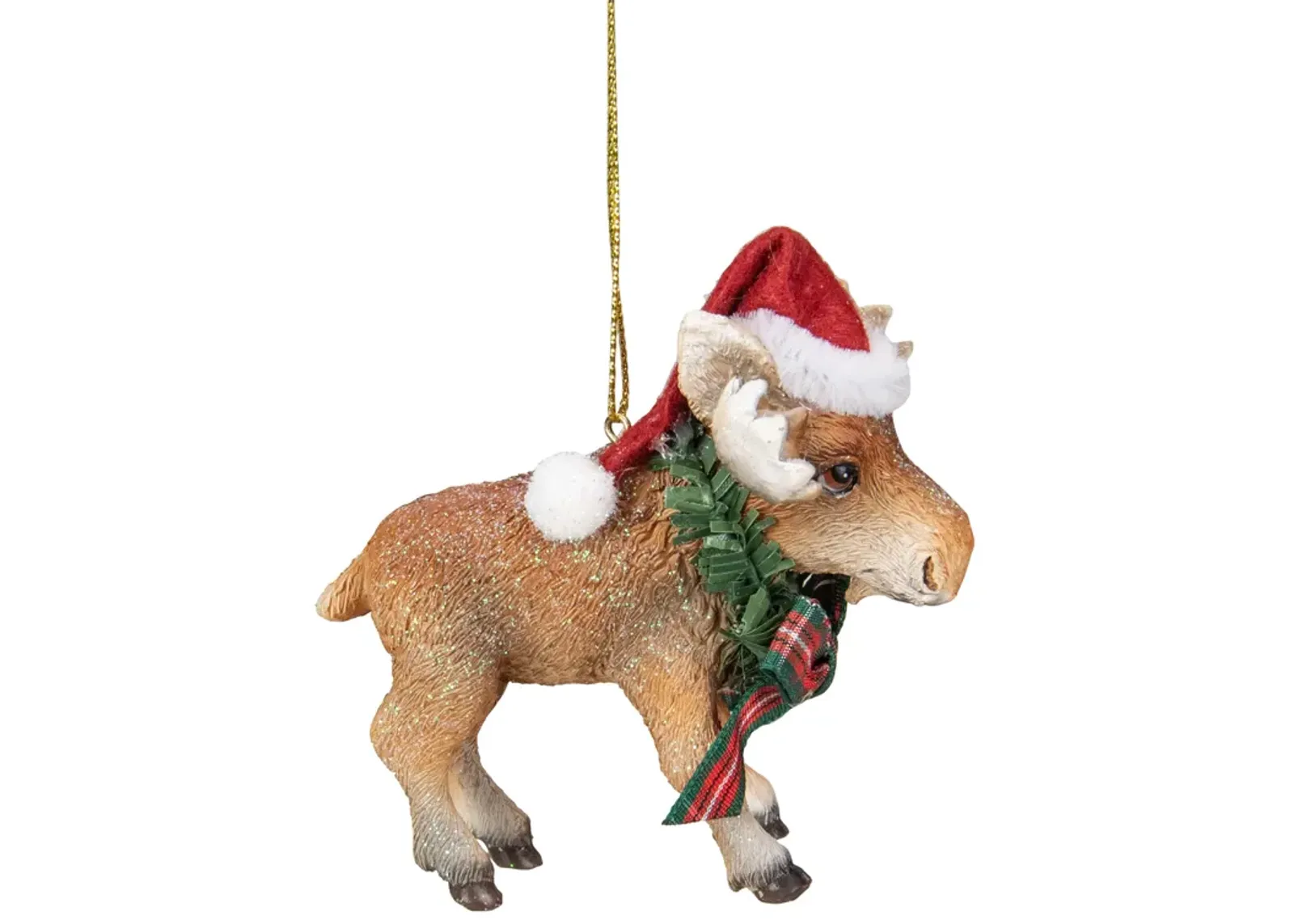 3.5-Inch Moose Wearing Santa Hat and Plaid Bow Christmas Ornament