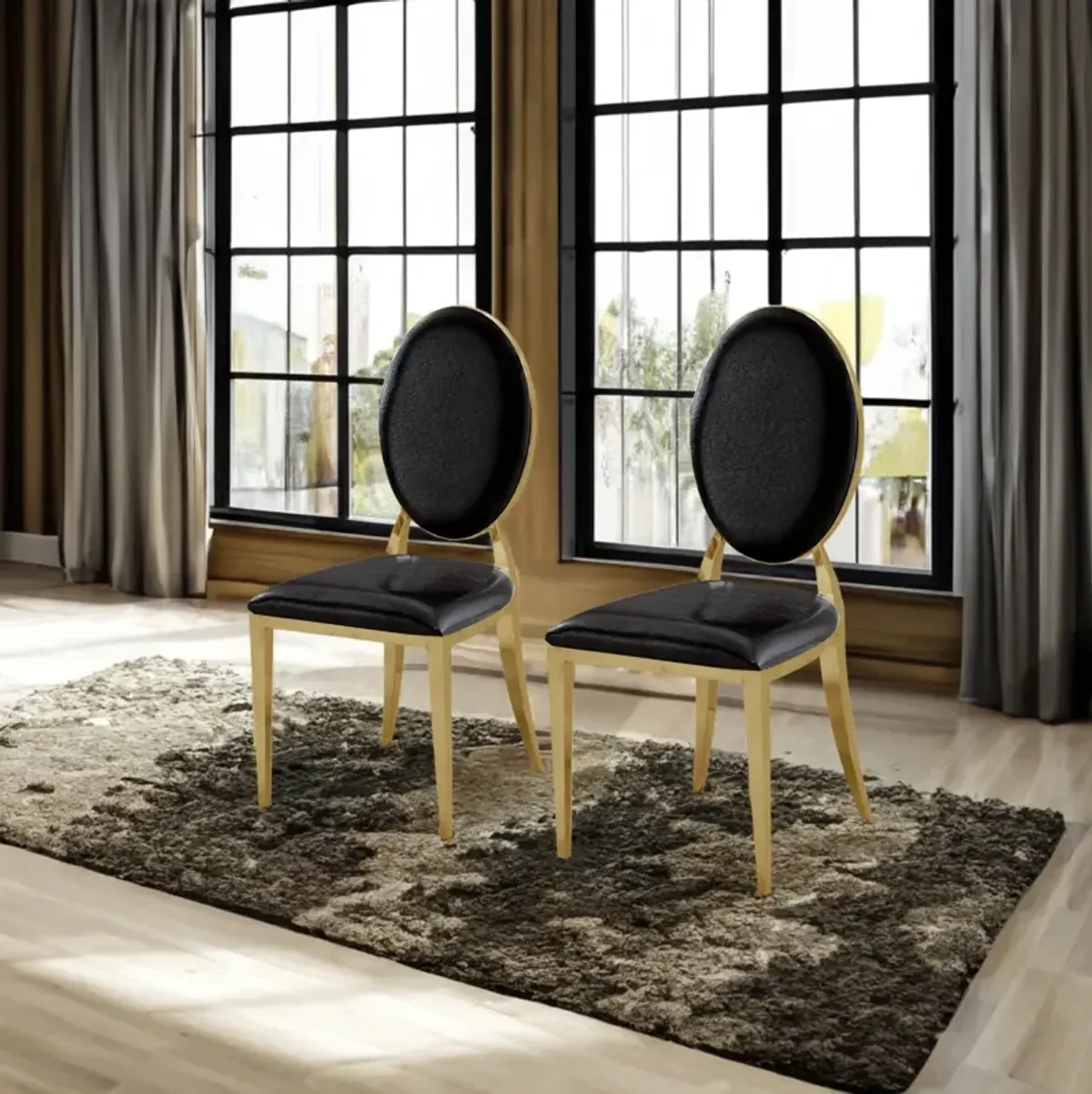 Leatherette Dining Chair Set Of 2, Oval Backrest Design And Stainless Steel Legs