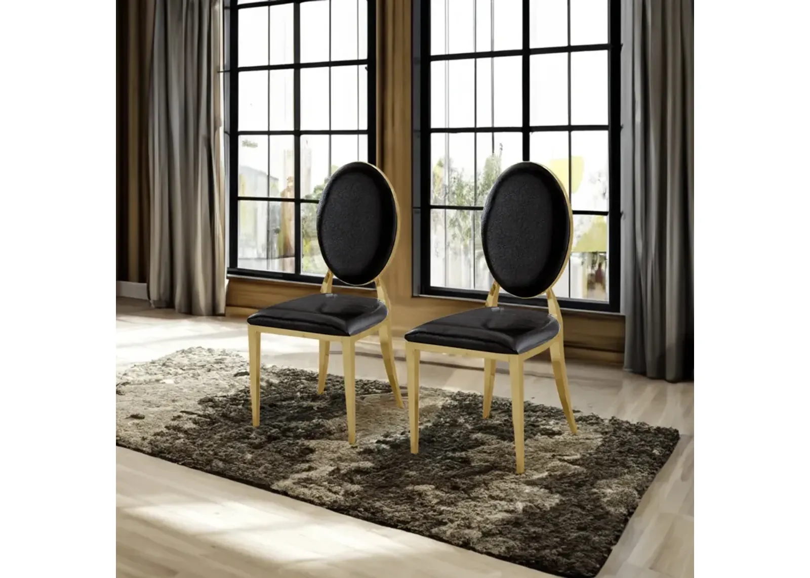 Leatherette Dining Chair Set Of 2, Oval Backrest Design And Stainless Steel Legs